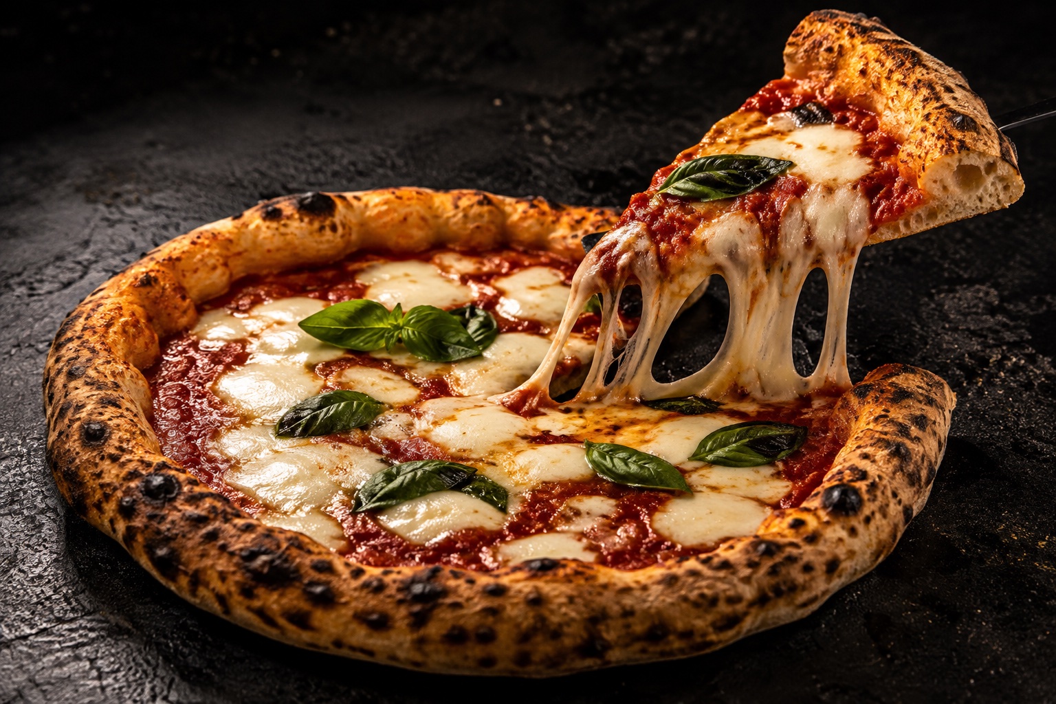 A hot flame-baked pizza slice with long strands of melted mozzarella